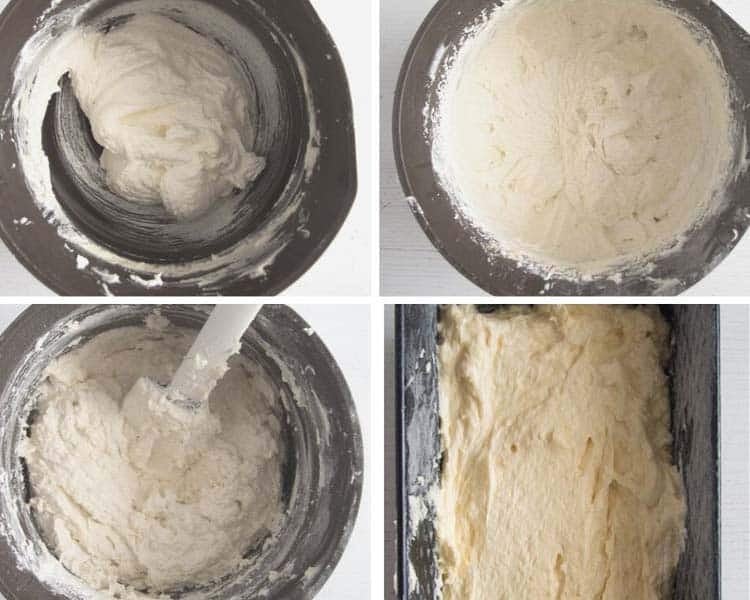 stirring the batter in a brown bowl and batter in a loaf tin