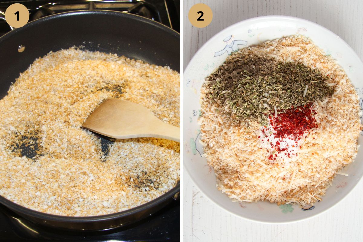collage of two pictures of frying panko and mixing it with spices.