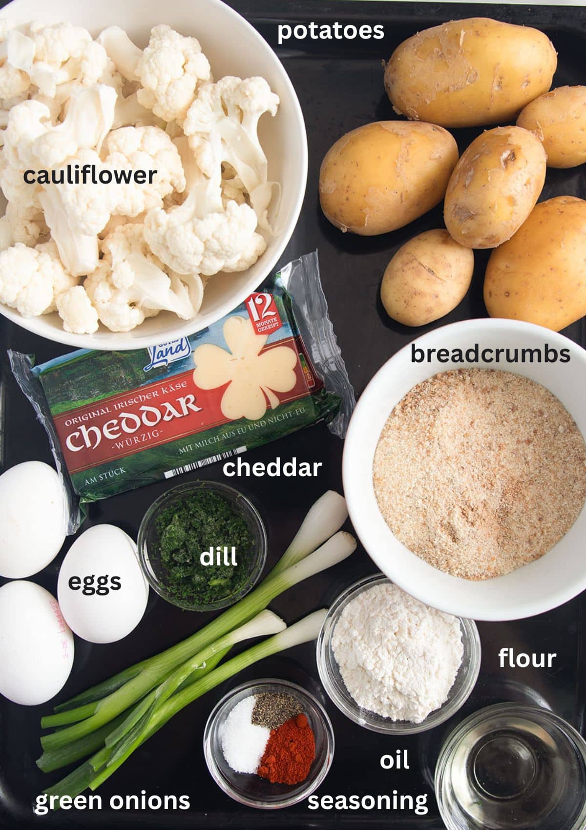 labeled ingredients for making baked patties with caulilfower, potatoes and cheese.