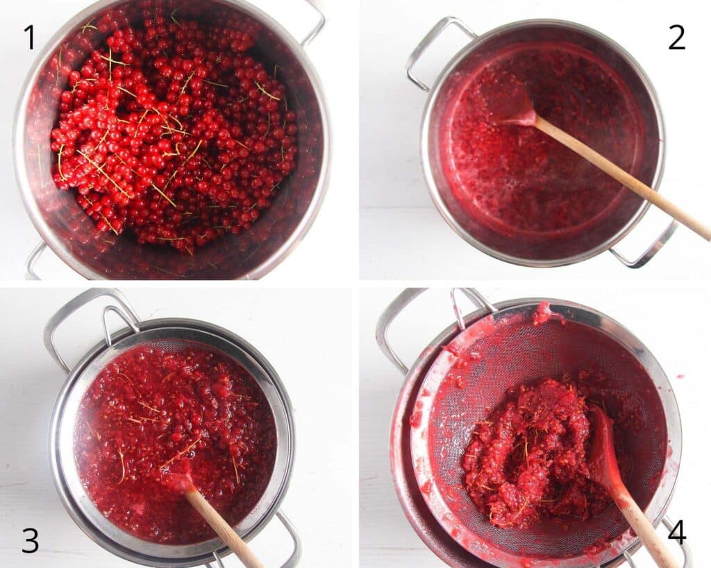 cooking red currants and straining them through a sieve