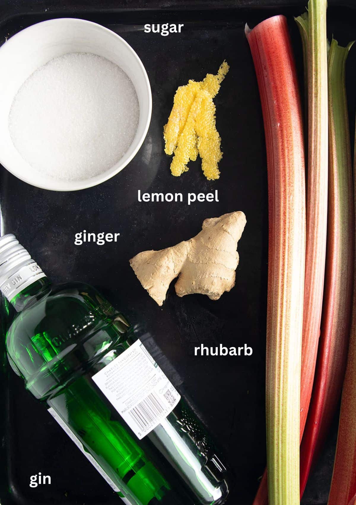 labeled ingredients for making ginger and rhubarb infused gin.