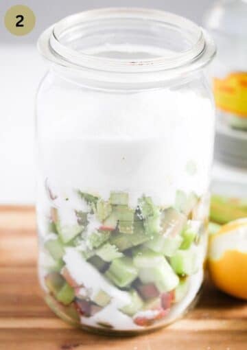 sugar and chopped rhubarb in a tall jar for making infused gin.