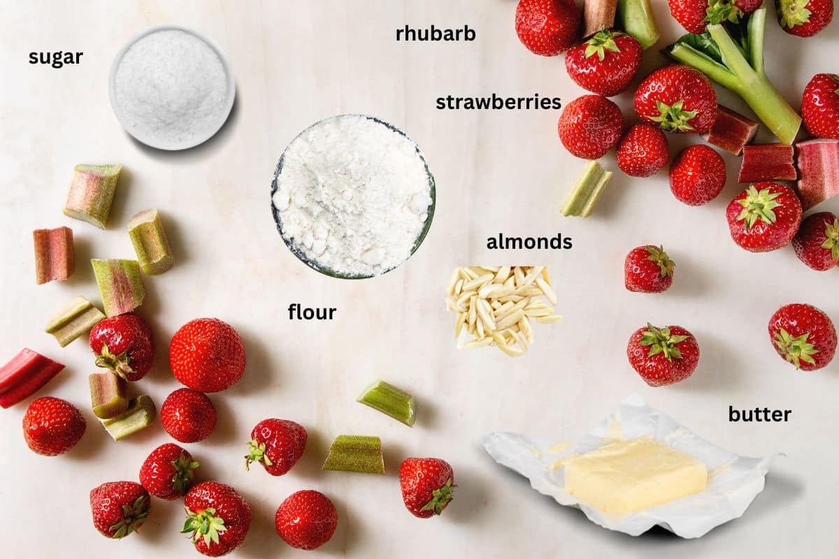 listed ingredients for making strawberry tart with rhubarb and crumbles.