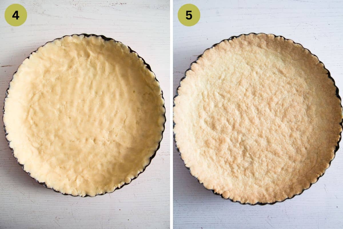 collage of two pictures of tart crust before and after baking.