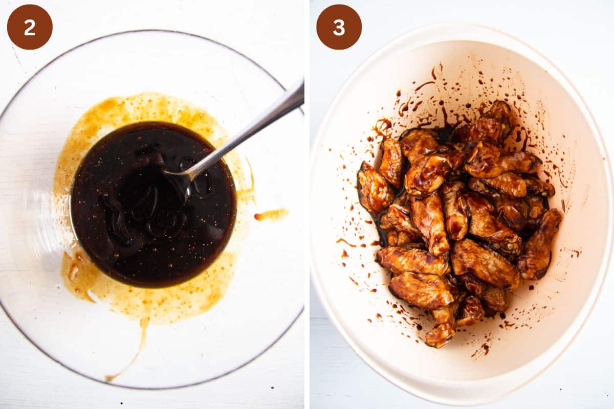 collage of two pictures of hoisin sauce with garlic and coated wings in a bowl.