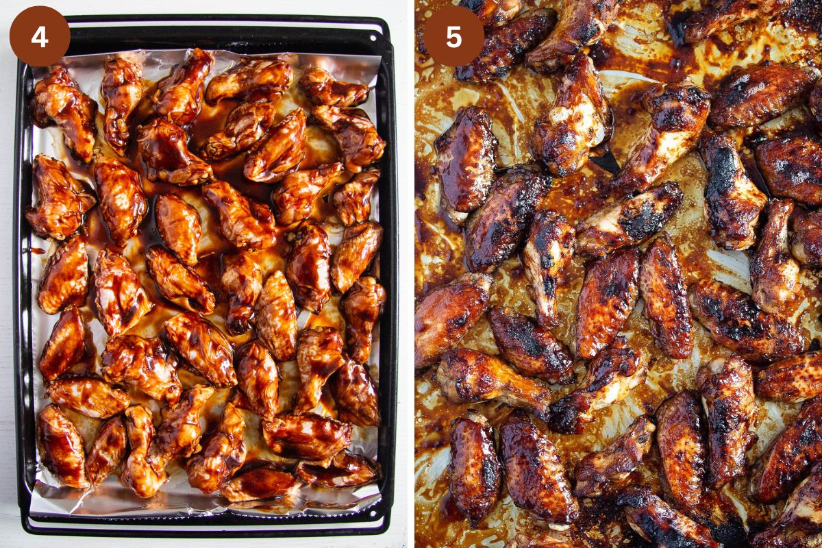 collage of two pictures of wings before and after baking.