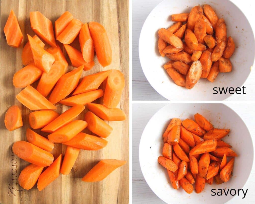 carrots cut at an angle and two bowls with sweet and savory carrots