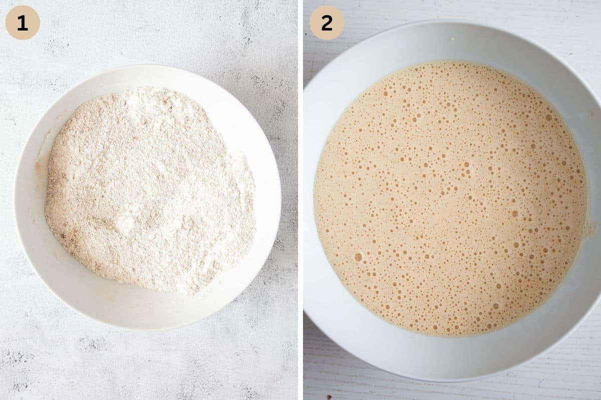 collage of two pictures of mixed dry and then wet ingredients for cake in separate bowls.