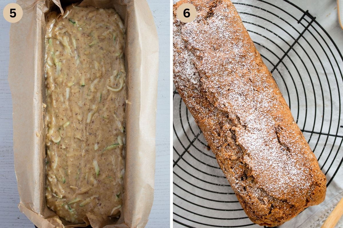 collage of two pictures of zucchini bread before and after baking.