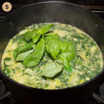 adding large, fresh basil leaves to a pot of broccoli soup.