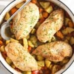 dutch oven chicken breast with potatoes and vegetables.