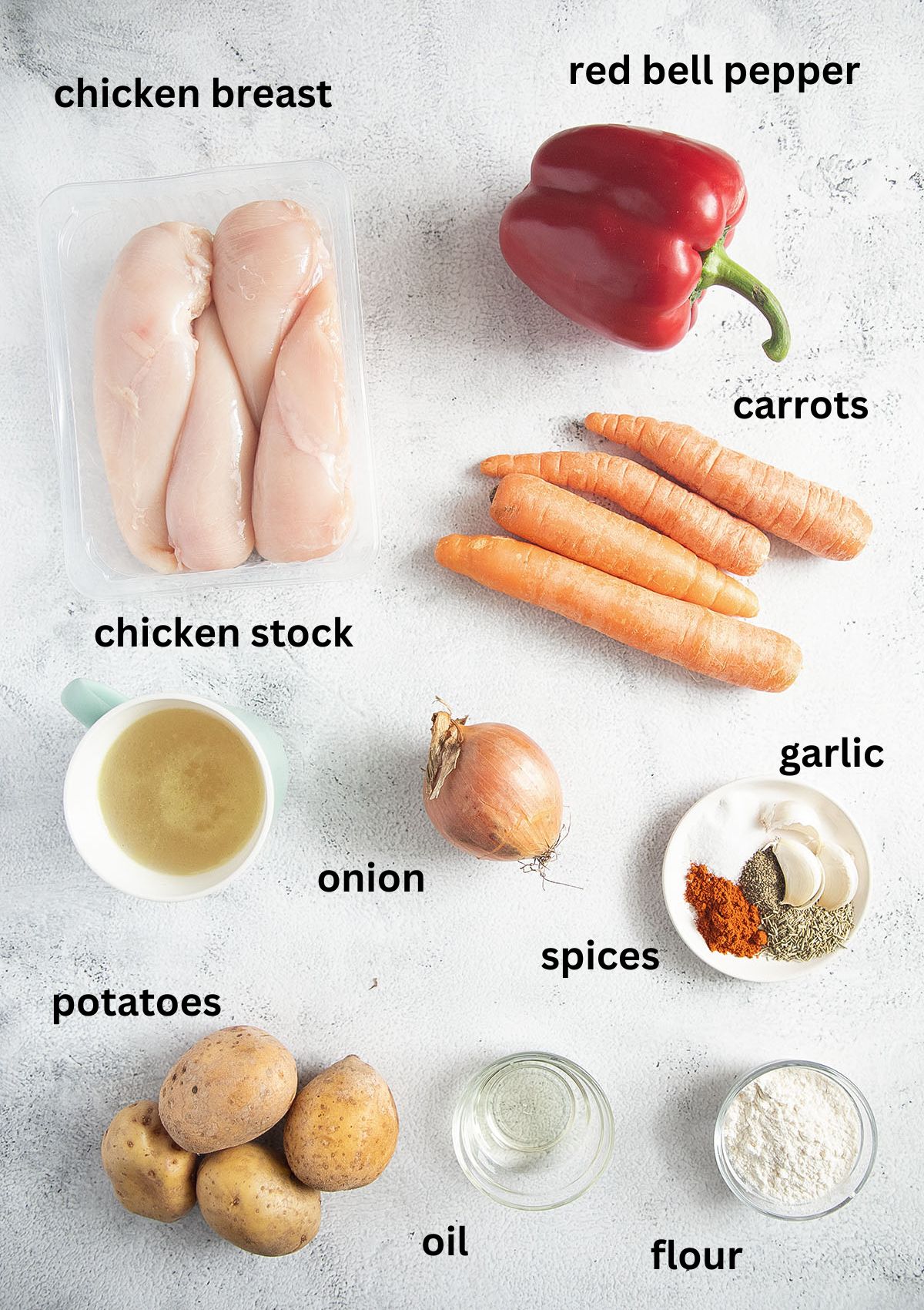 labeled ingredients for making chicken breast with potatoes, vegetables and broth.