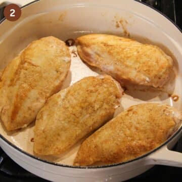 searing four large chicken breasts in a dutch oven.