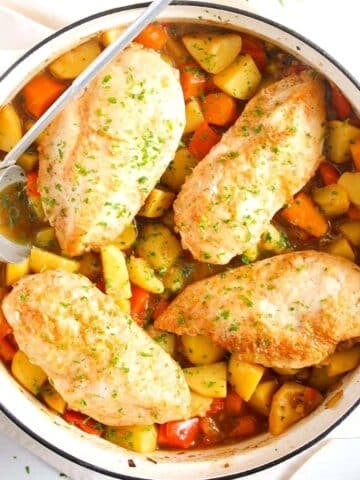 dutch oven chicken breast with potatoes and vegetables