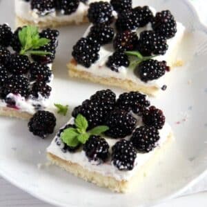 squares of blackberry cake on a platter.