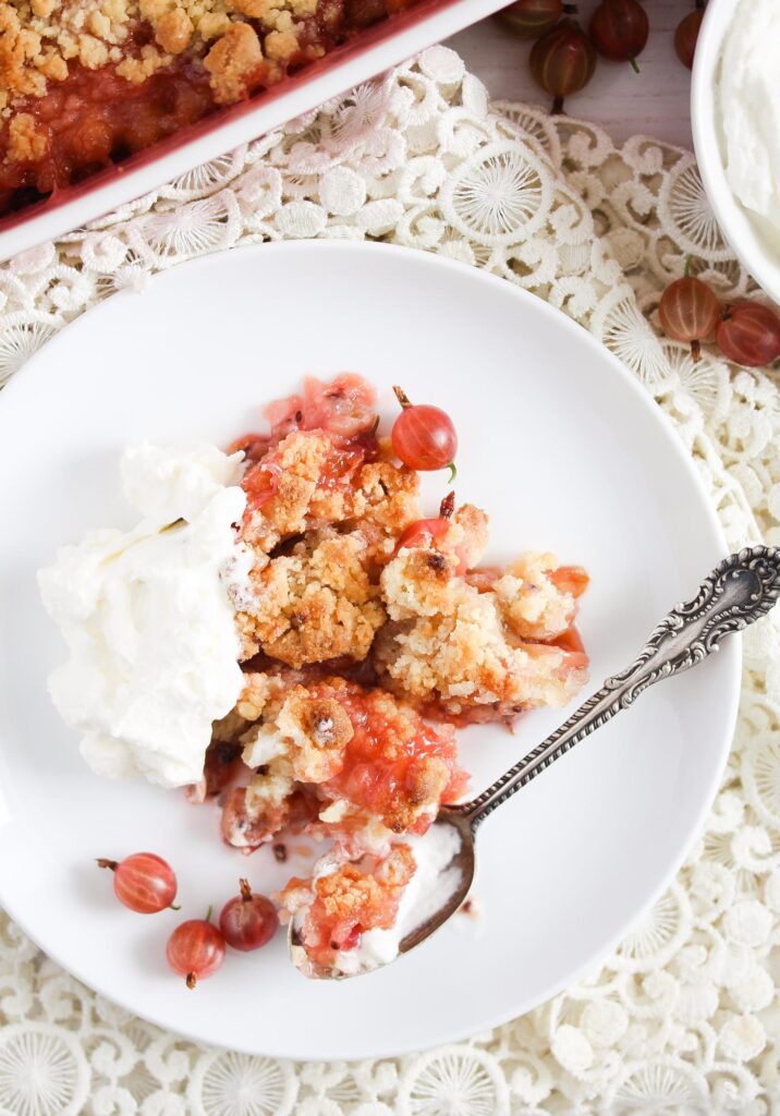 gooseberry crumble served with whipped cream
