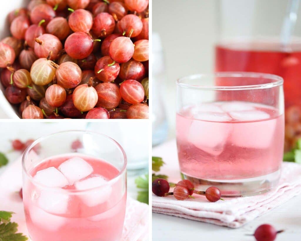 fresh gooseberries in a bowl and a glass of gin