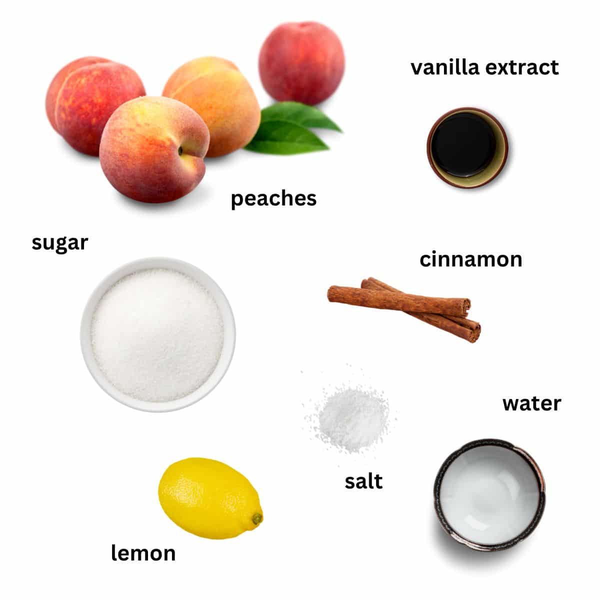 listed ingredients for making peach compote with lemon and cinnamon on the table.