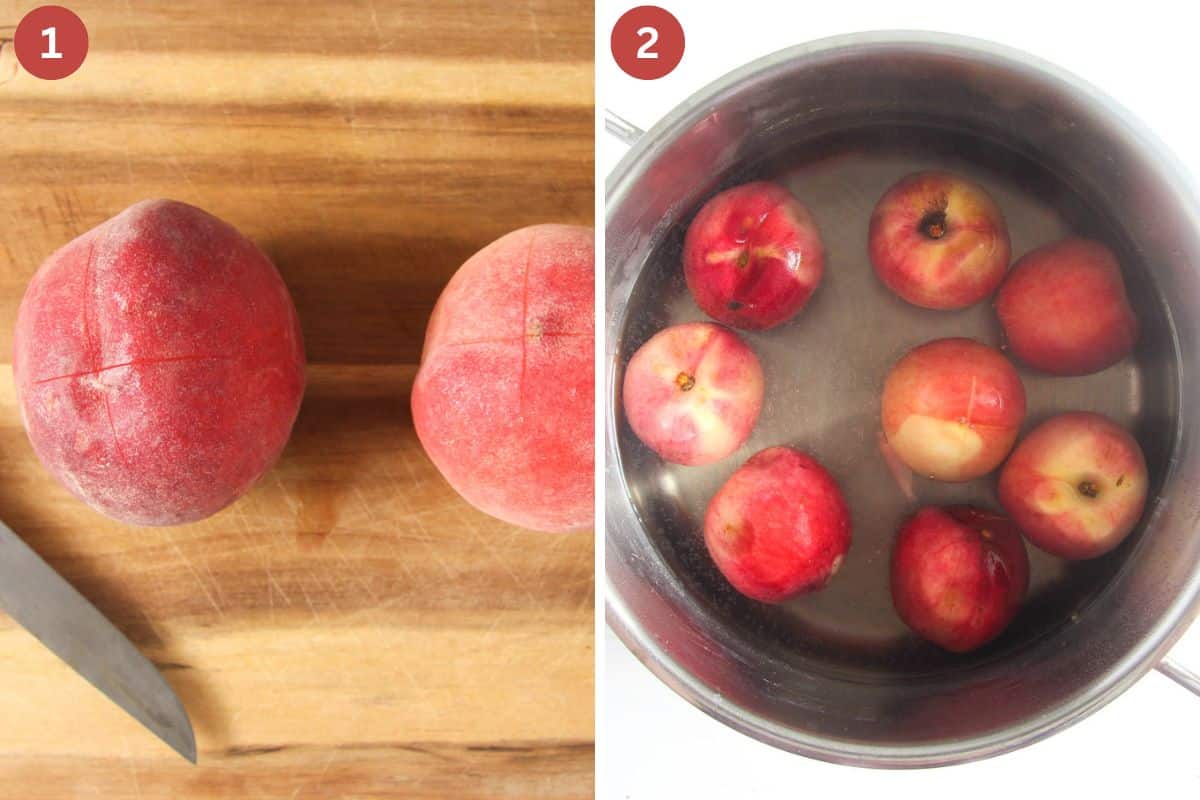collage of two pictures of cutting an x on peaches and blanching them in a large pot.