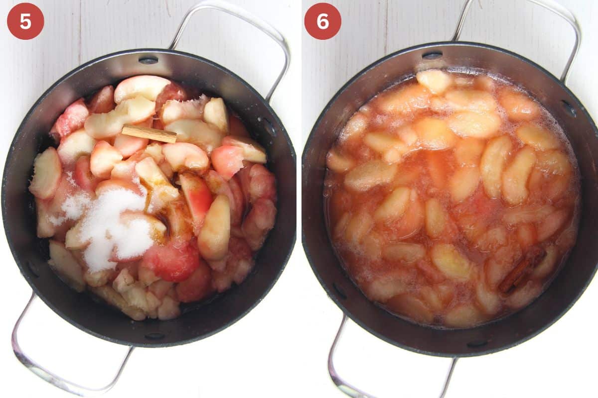 collage of two pictures of adding sugar and spices to peaches and making peach compote in a pot.
