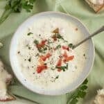 the best garlic sour cream sauce in a bowl with a spoon in it.