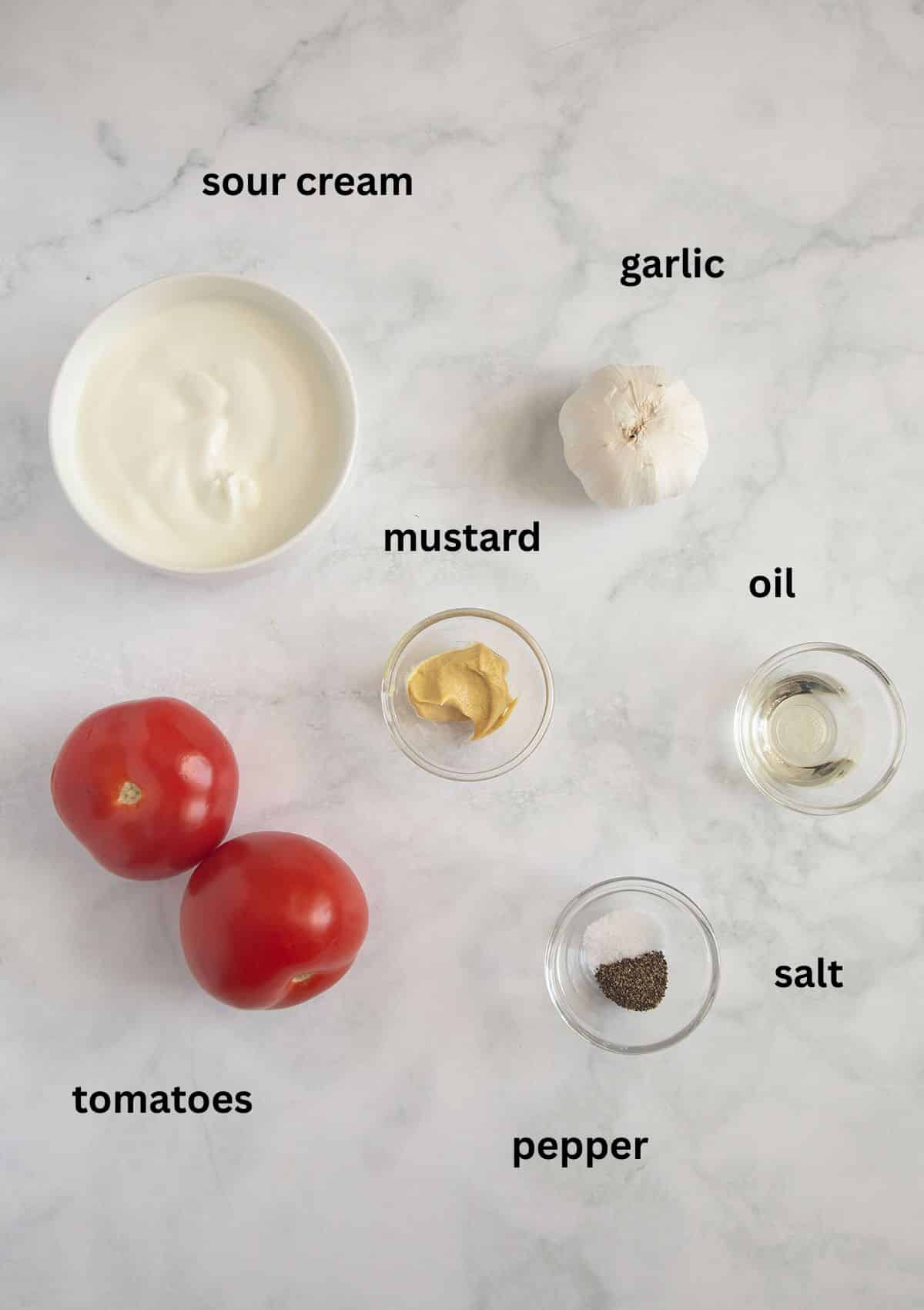 labeled ingredients for making garlic sauce with sour cream, oil, mustard and seasoning.