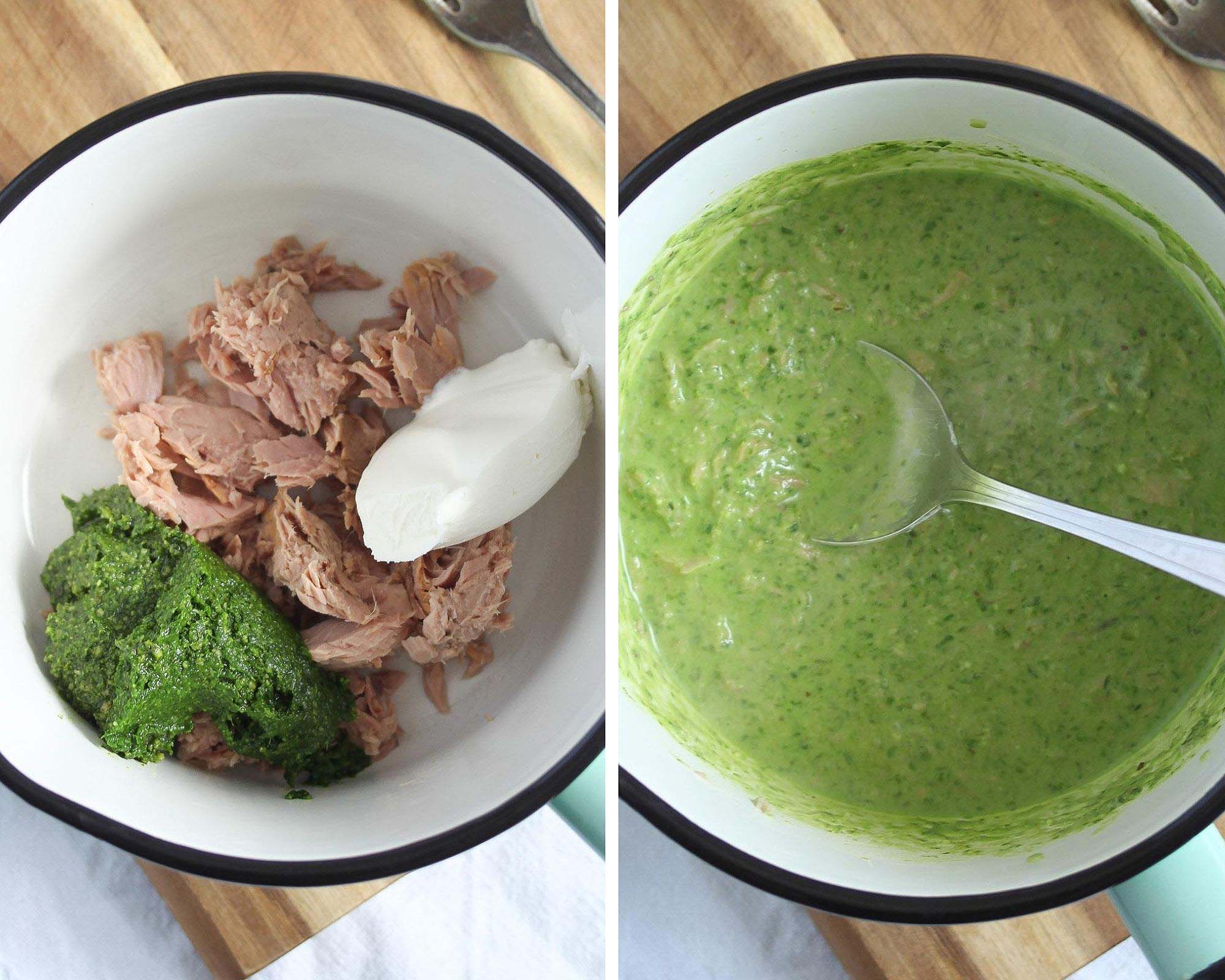 canned tuna, pesto, cream cheese in a saucepan and the resulting sauce