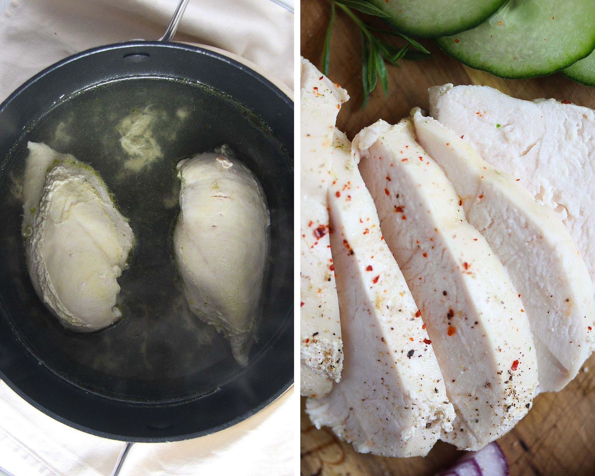 poaching chicken breast in a black pan