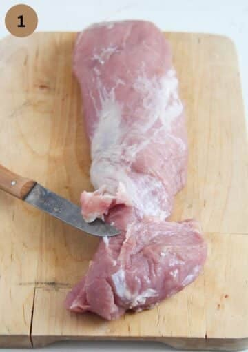 remove excess fat from a pork tenderloin using a small knife.