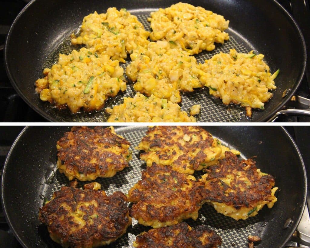 corn and zucchini fritters in a pan before and after frying