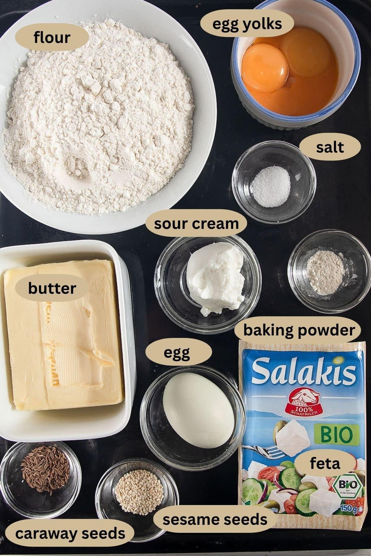 labeled ingredients for making romanian covrigei.