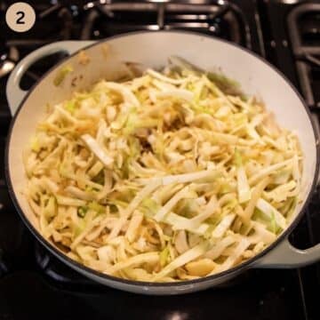 raw shredded white cabbage added to a large pot.