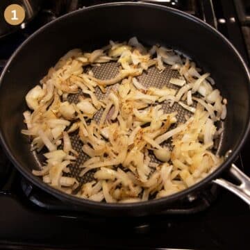 Hungarian lecso recipe, step 1: sauté onions in a pot until translucent.