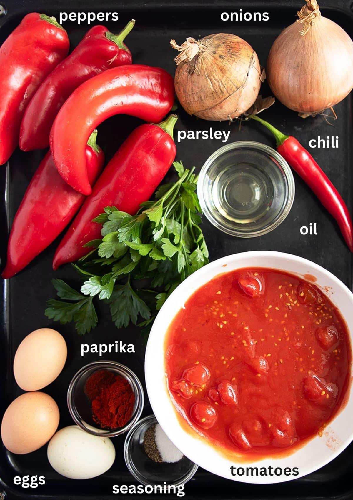 all ingredients needed for Hungarian lecso recipe, labeled.