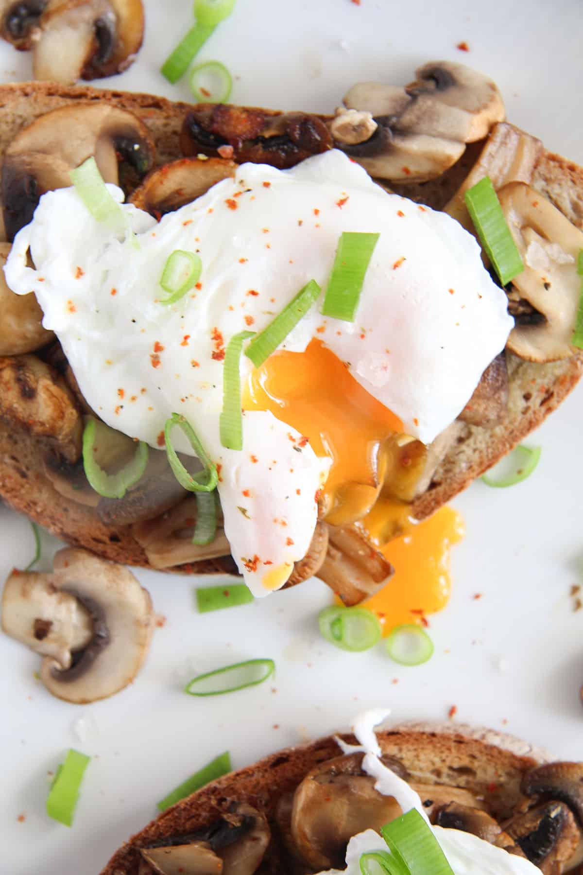 a slice of sourdough topped with sauteed mushrooms and a runny poached egg.
