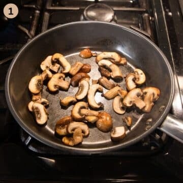 sauteing mushrooms in a pan to make toast.