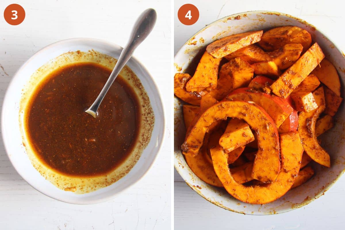 collage of two pictures of a oil spice mixture and marinated pumpkin wedges in a bowl.