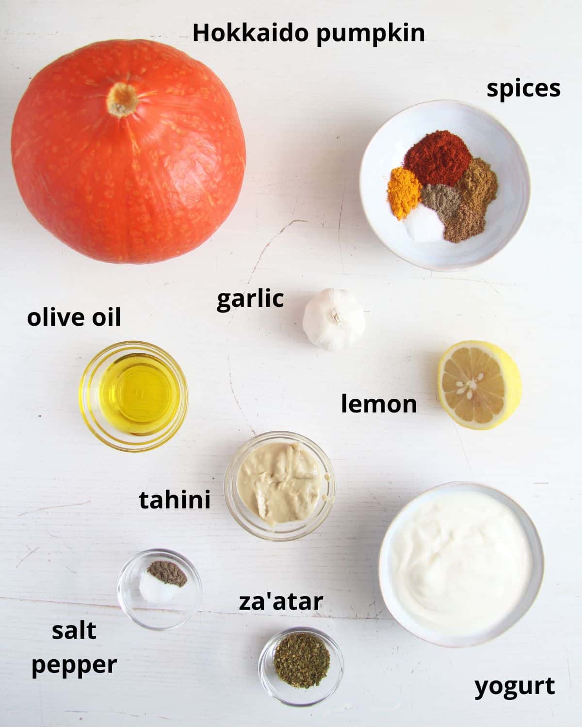 listed ingredients for baking pumpkin and making yogurt tahini dip.