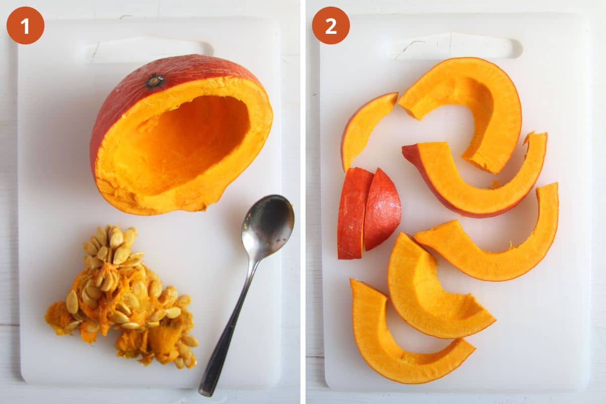 collage of two pictures of removing seeds from pumpkin and cutting it into wedges.