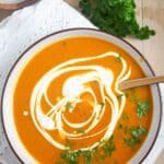 pinterest image with title for pumpkin sweet potato soup.
