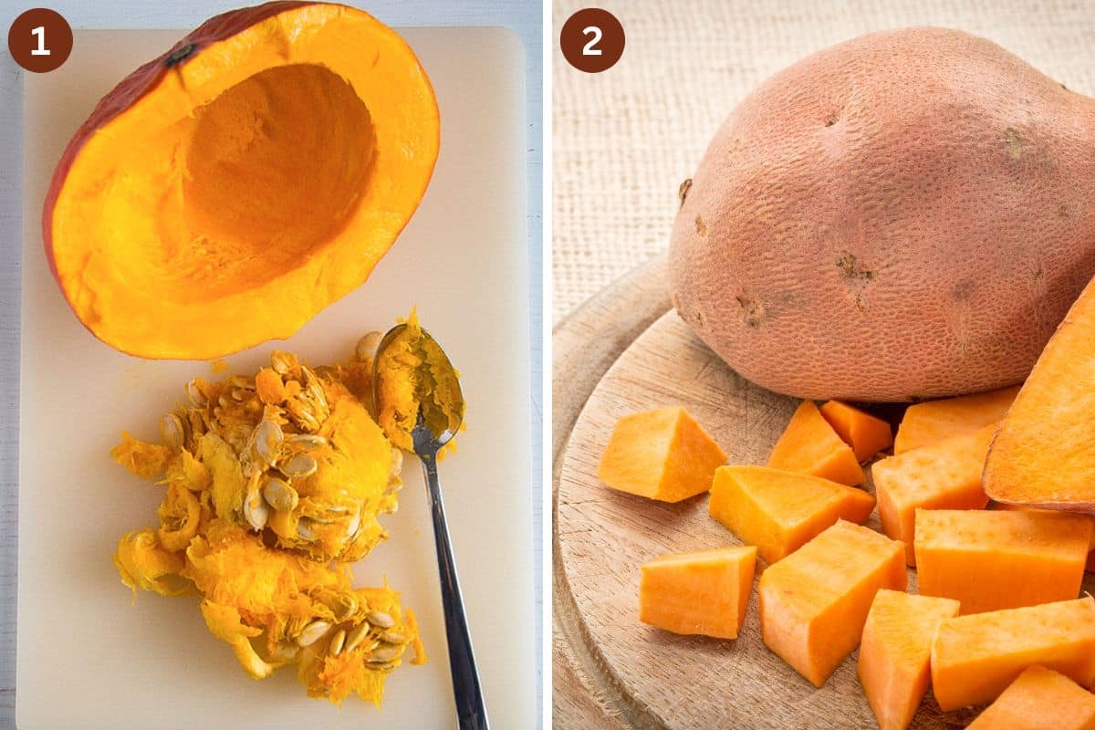 collage of two pictures of deseeding a pumpkin and chopping a sweet potato.