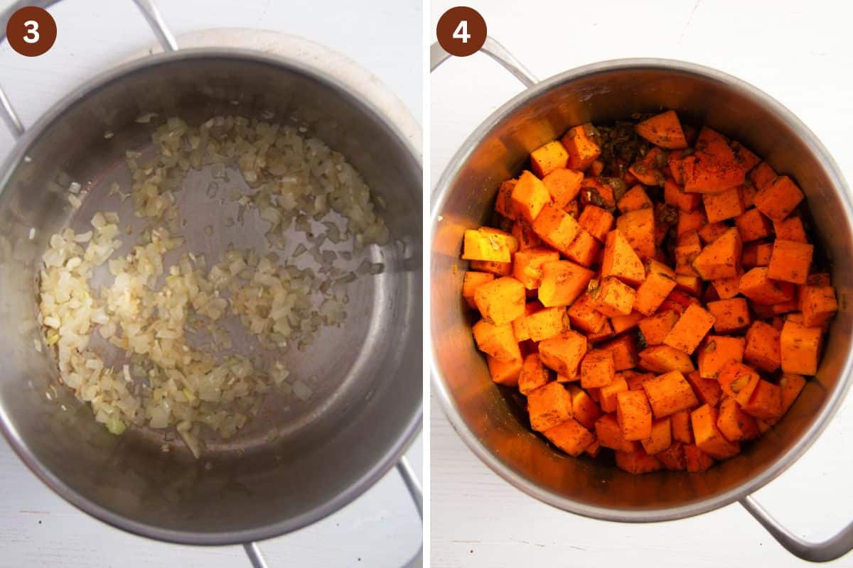 collage of two pictures of cooking onions and then pumpkin cubes in a pot.