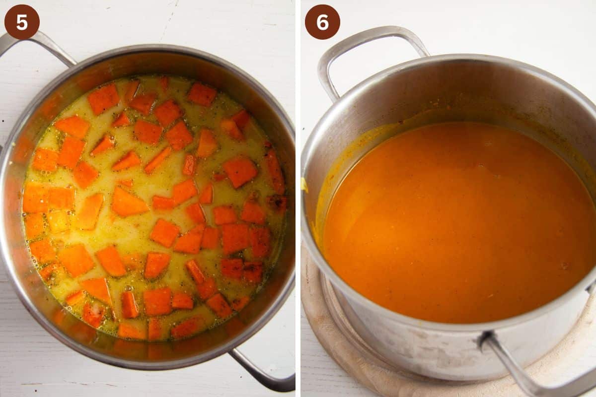collage of two pictures of pumpkin soup before and after blending.