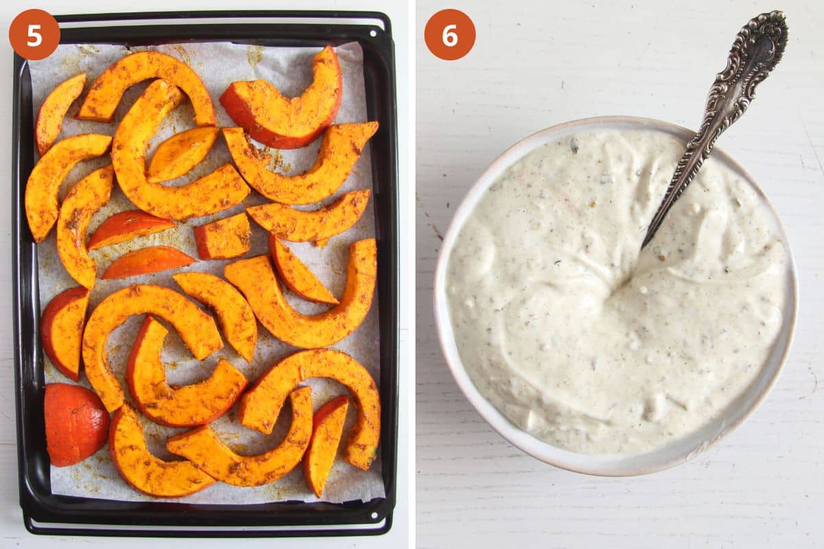 collage of two pictures of raw pumpkin pieces on a tray and tahini dip in a bowl.