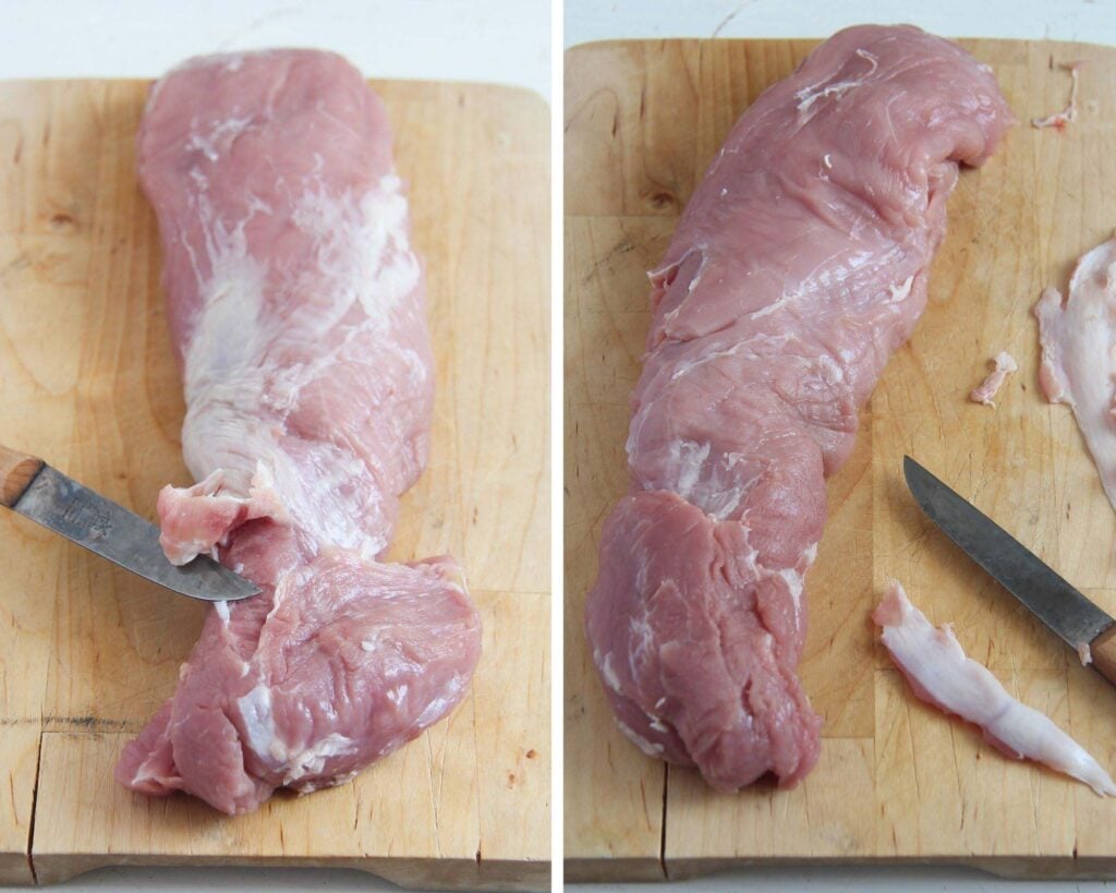 removing silver skin from pork tenderloin with a small knife