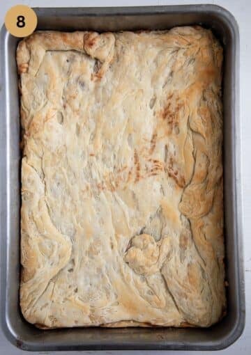 freshly baked apple pie in a rectangular baking dish.