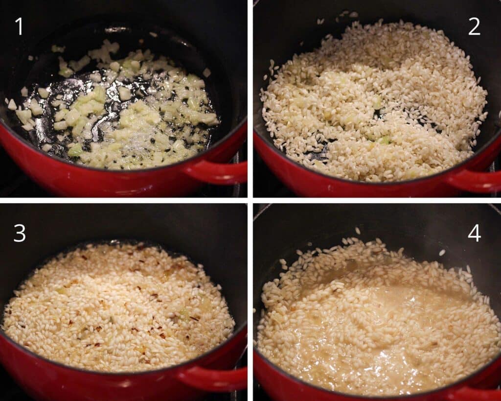cooking onions, adding risotto rice and wine in a red pot