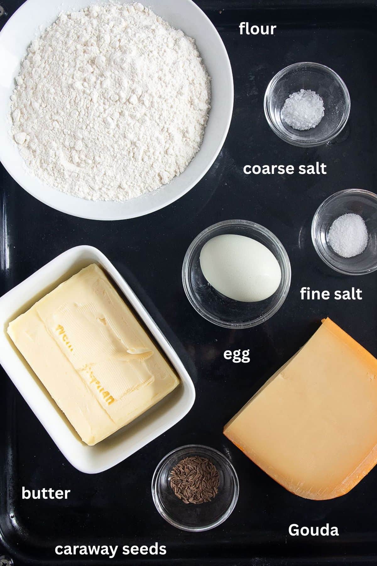 labeled ingredients for making romanian saratele recipe.