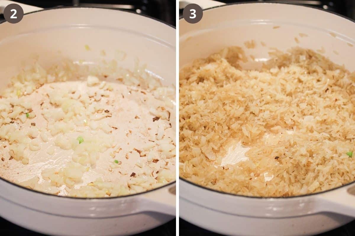 collage of two pictures of cooking onions and toasting rice in a white pot.