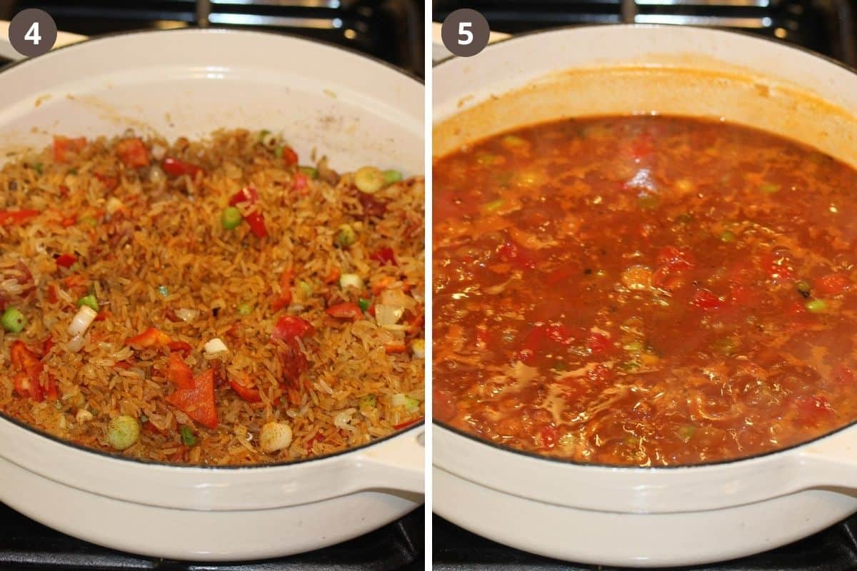 collage of two pictures of mixing rice with vegetables and adding broth in a pot.